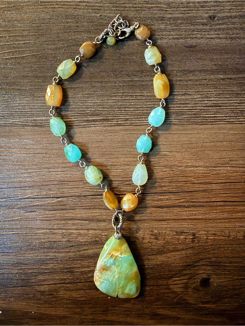 Earthy Faceted Gemstone Beaded Station Necklace with Large Teardrop Stone Slice